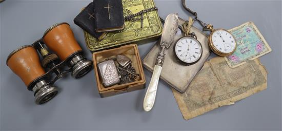 Assorted silver and collectables to include a 1914 Princess Mary tin cigarette cases, pocket watches, vesta, etc.